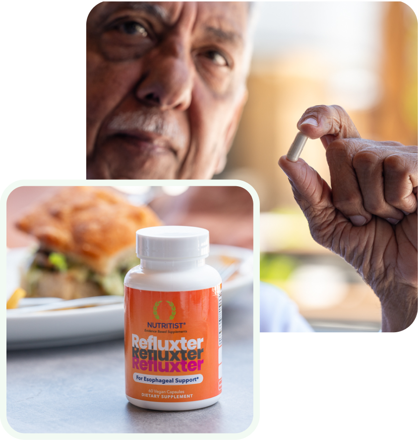 Older man holding Refluxter sodium alginate based capsule with Refluxter bottle in foreground