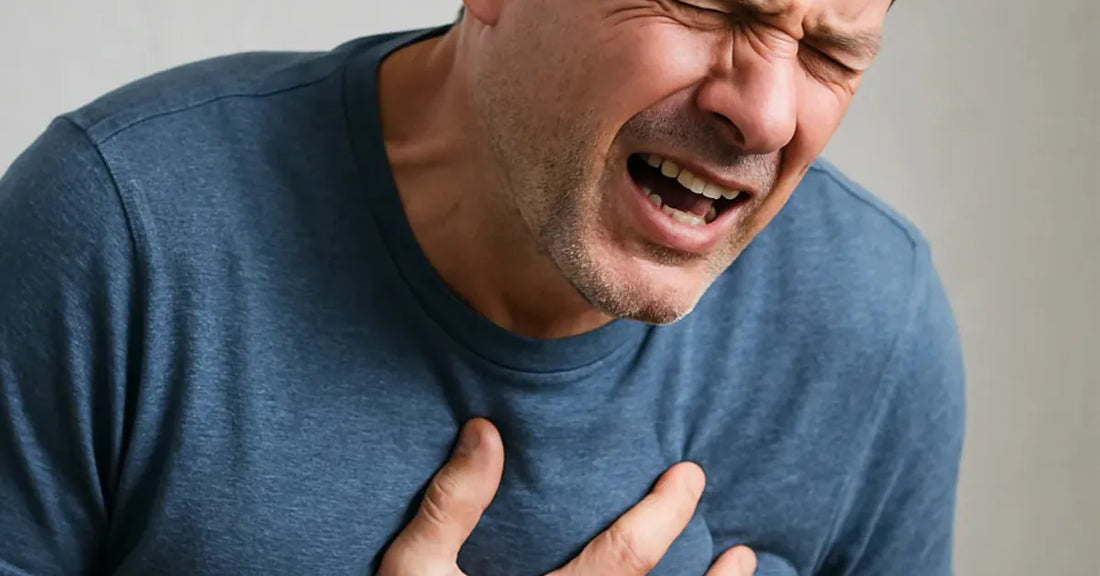 A man in visible pain hunched over and holding his hand over his chest