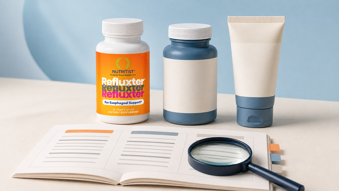 Best alginate for acid reflux comparison: Refluxter sodium alginate capsules beside a generic supplement bottle and gel tube on an open buying guide