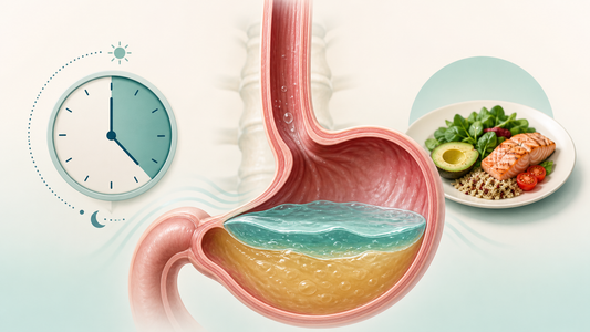 Medical illustration of a stomach cross-section showing a sodium alginate raft floating on top of gastric acid, next to an intermittent fasting clock and a one-meal-a-day plate of salmon, avocado, quinoa, and greens