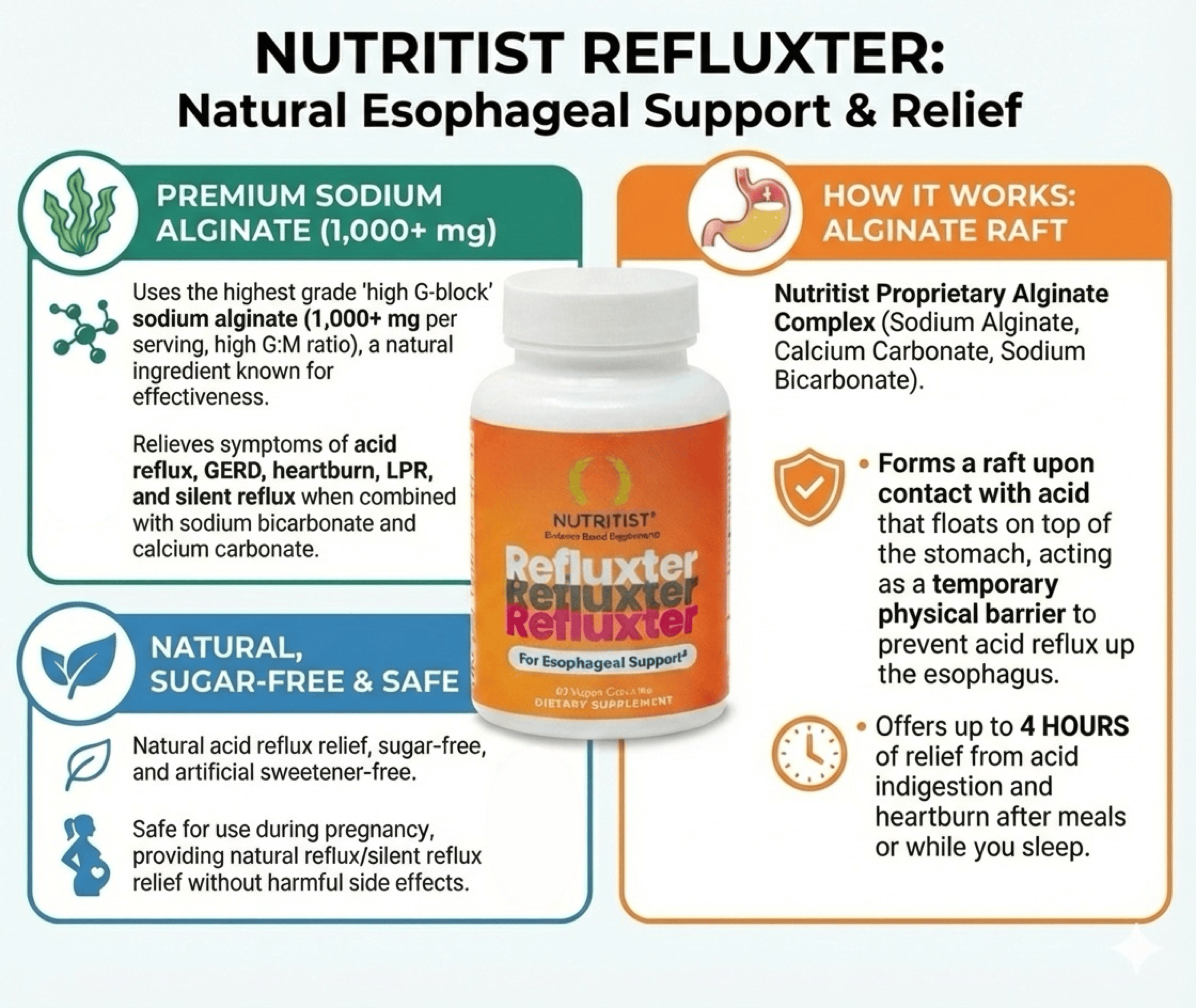 Older man holding Refluxter sodium alginate based capsule with Refluxter bottle in foreground